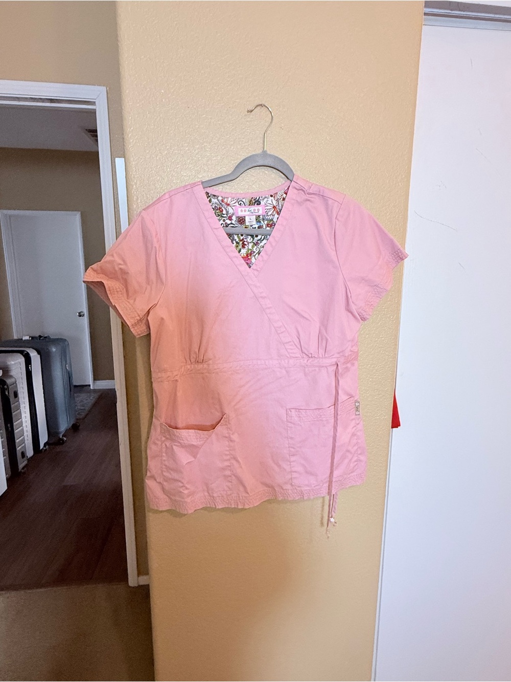 koi Pink Floral-Trim Wrap Scrub Top